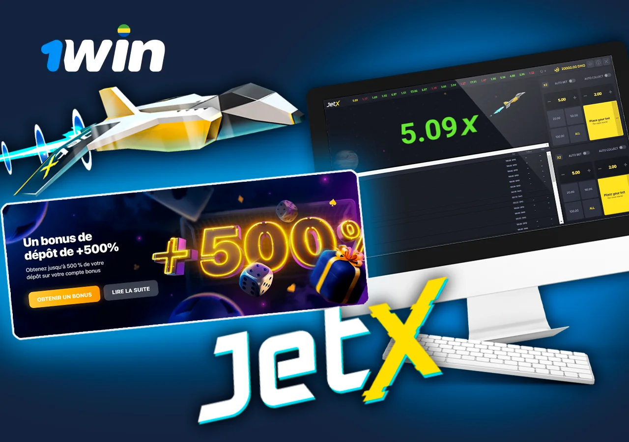 Moniteur avec le jeu JetX, à côté de la bannière du bonus de +500 % sur le site 1Win