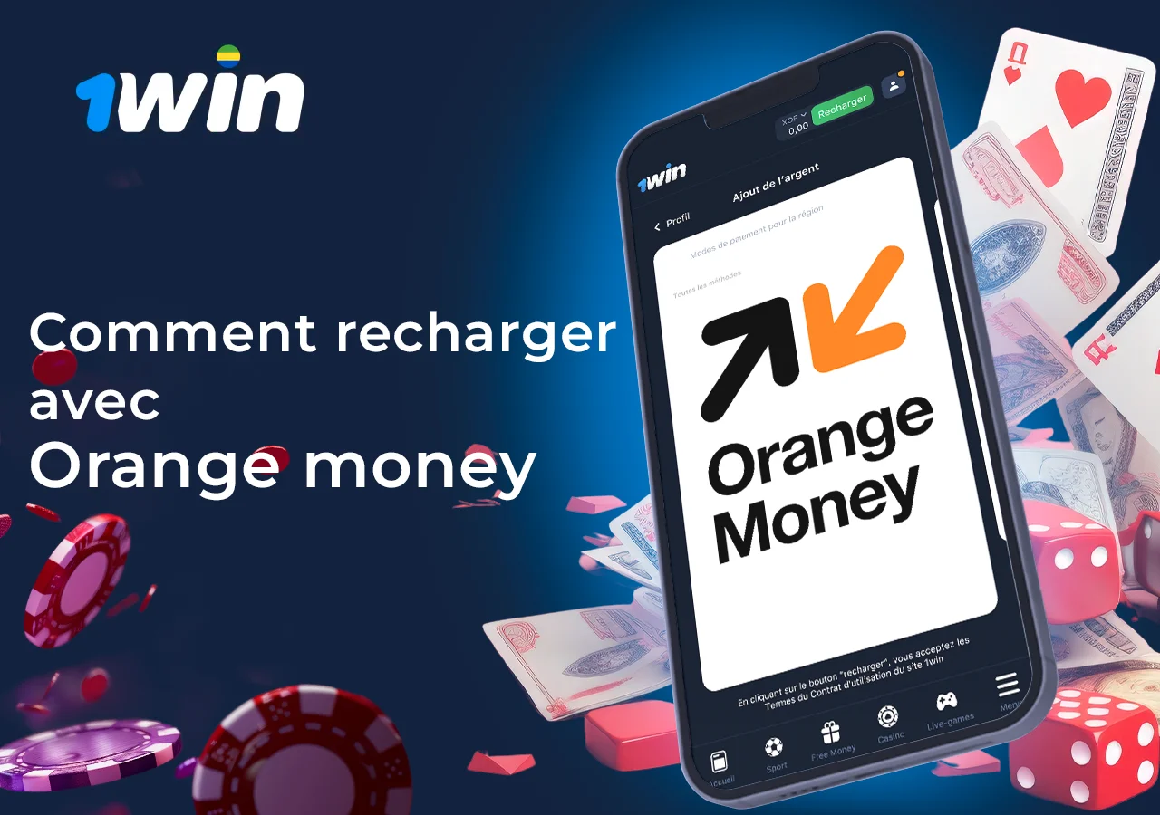 Téléphone avec menu de retrait et logo Orange money, cartes et jetons à côté