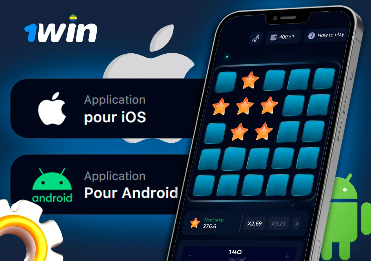 Un téléphone avec un jeu de crash en cours d'exécution, à côté des boutons de téléchargement de l'application 1Win sur iOS et Android, à côté des icônes du système d'exploitation.