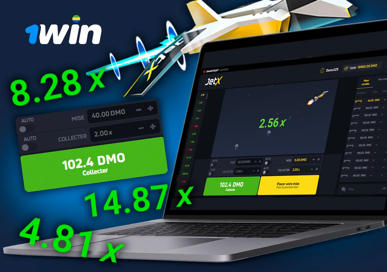 Ordinateur portable avec le tour JetX, à côté des multiplicateurs et du menu des mises.
