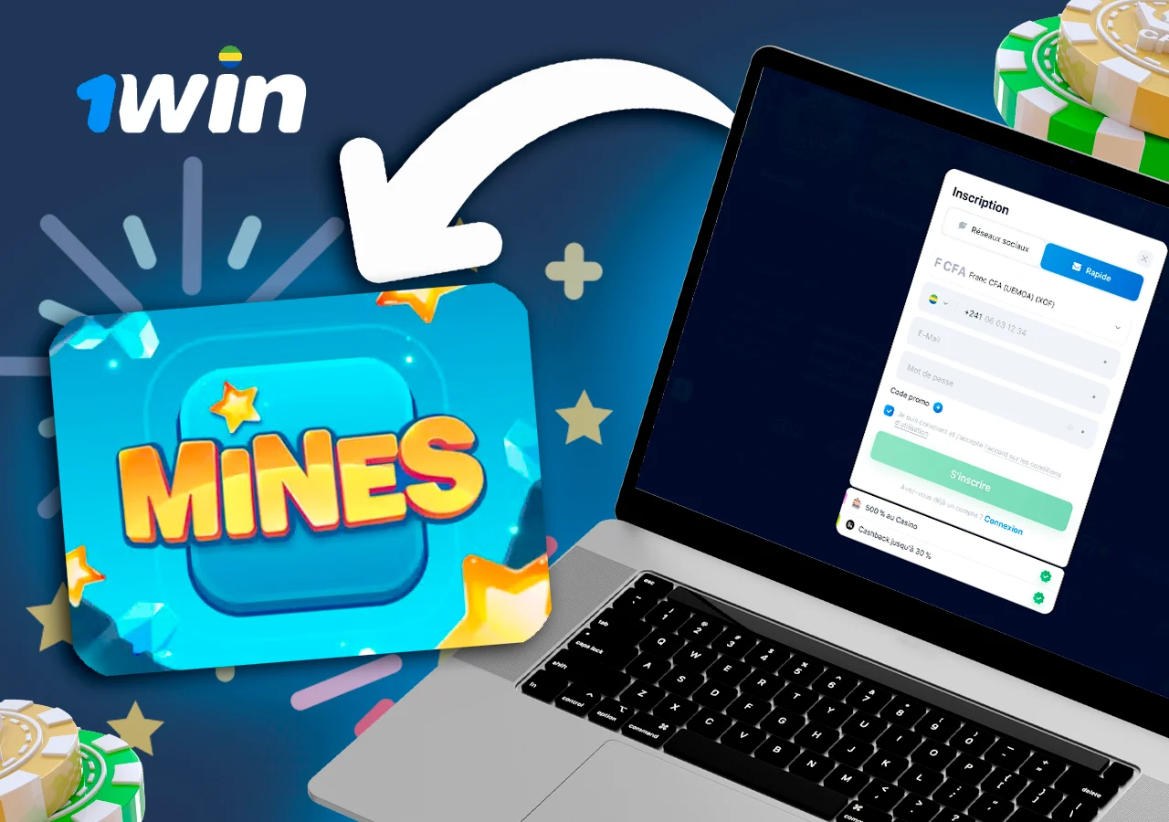 Sur la page ouverte de l'ordinateur portable avec l'inscription au casino en ligne, la flèche pointe vers l'icône du jeu "Mines".